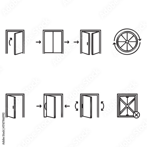Diagrams showing different types of doors and their opening mechanisms