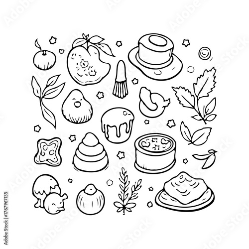 Delightful collection of artistic food illustrations showcasing cultural confections and culinary