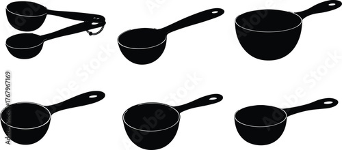 Black silhouette measuring cups vector set, kitchen utensil collection, cooking and baking tools illustration for culinary design and decoration