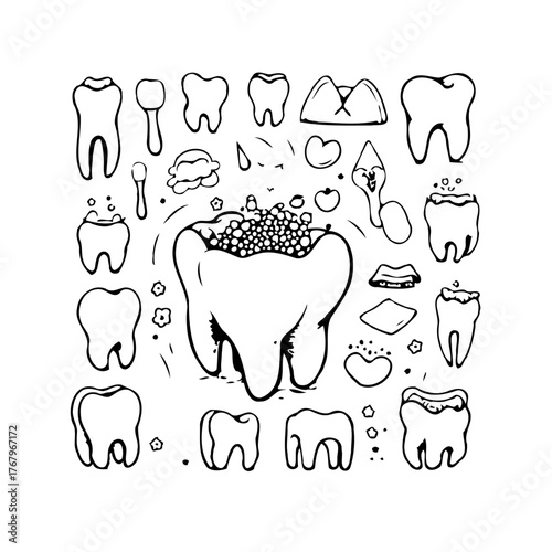 Dental health illustration showcasing diverse tooth conditions and hygiene tools for educational