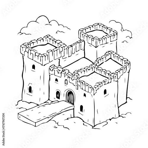 Detailed monochrome drawing displaying a fortress with towers battlements entrance against a