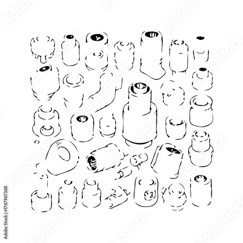 Diverse array of machine components depicted in monochrome sketch style conveying precision and