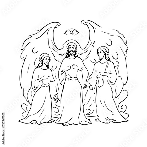 Divine trio illustration with angel wings an all-seeing eye above a figure, spiritual encounter