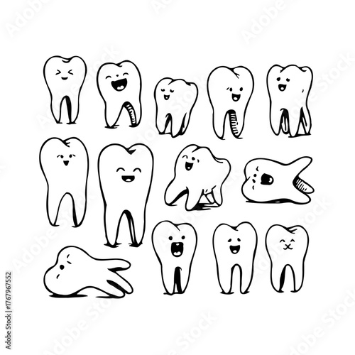 Doodle dental icons forming a playful pattern against a stark white backdrop fifteen cute teeth