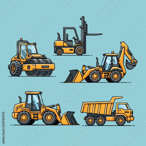 Illustration of various construction vehicles, including a forklift, bulldozer, and dump truck, on a light blue background.