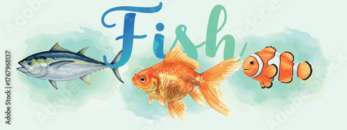 Colorful watercolor fish set with tuna, goldfish, and clownfish. Realistic aquatic design with soft blending and natural tones.