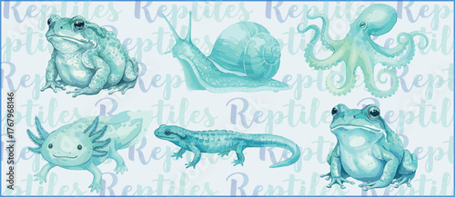 Watercolor reptile and amphibian set with frog, snail, octopus, axolotl, and lizard. Cool blue tones and soft texture for scientific and educational artwork.