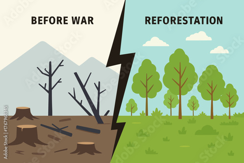 Split scene showing forest before and after war, then after reforestation, flat vector infographic