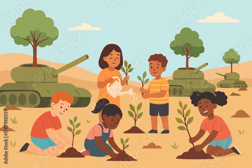 Children planting saplings in a former battlefield, tanks turned into planters, flat vector illustration
