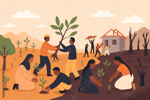 Local community rebuilding forest after conflict, teamwork and hope, flat vector scene
