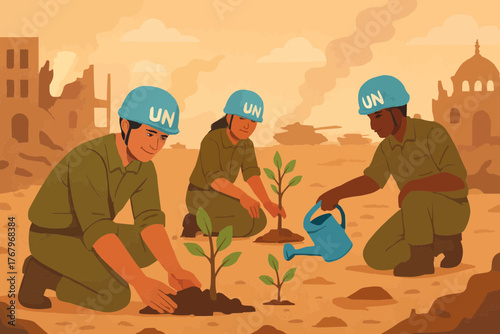 UN peacekeepers planting trees in a war-affected area, symbol of hope and peace, vector illustration