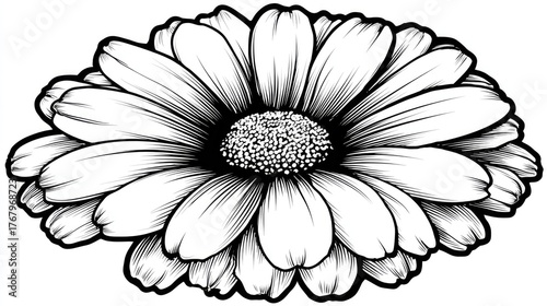 Detailed line art illustration of a single daisy flower on a white background.