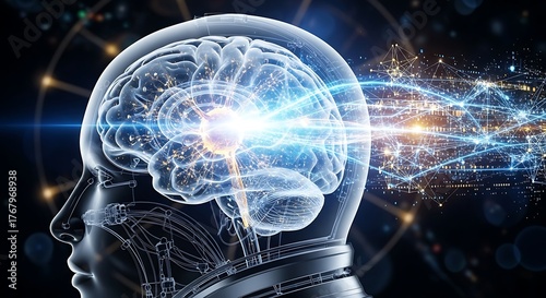 Digital Mind Unleashed Artificial Intelligence Processing Data Streams within a Human Brain Representation, Symbolizing Advanced Cognitive Technology and Future Innovation