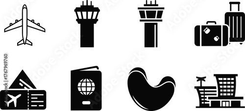 Air travel icons, airport control tower, airplane top view, luggage illustration, passport symbol, airline tickets, terminal building, travel elements, black and white