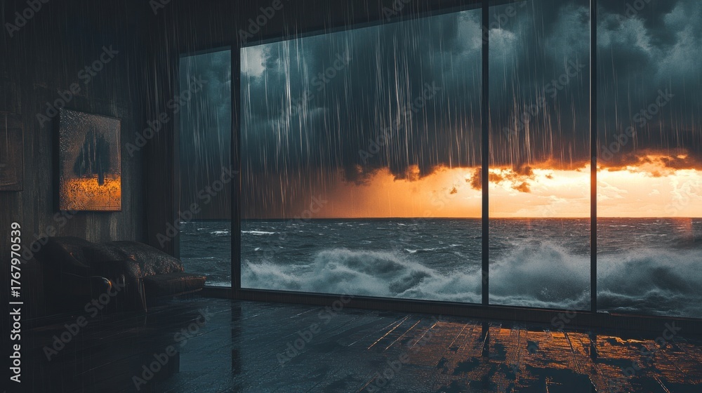 Obraz premium Stormy sunset view from indoors