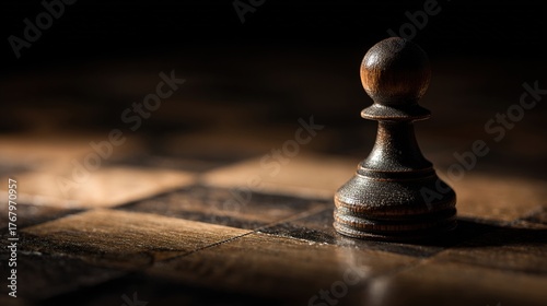 pawn. Chess pawn advanced deep into enemy territory on a wooden board, top-down view. public awareness campaigns, NGO reports, designed for public awareness campaigns and NGO communications.