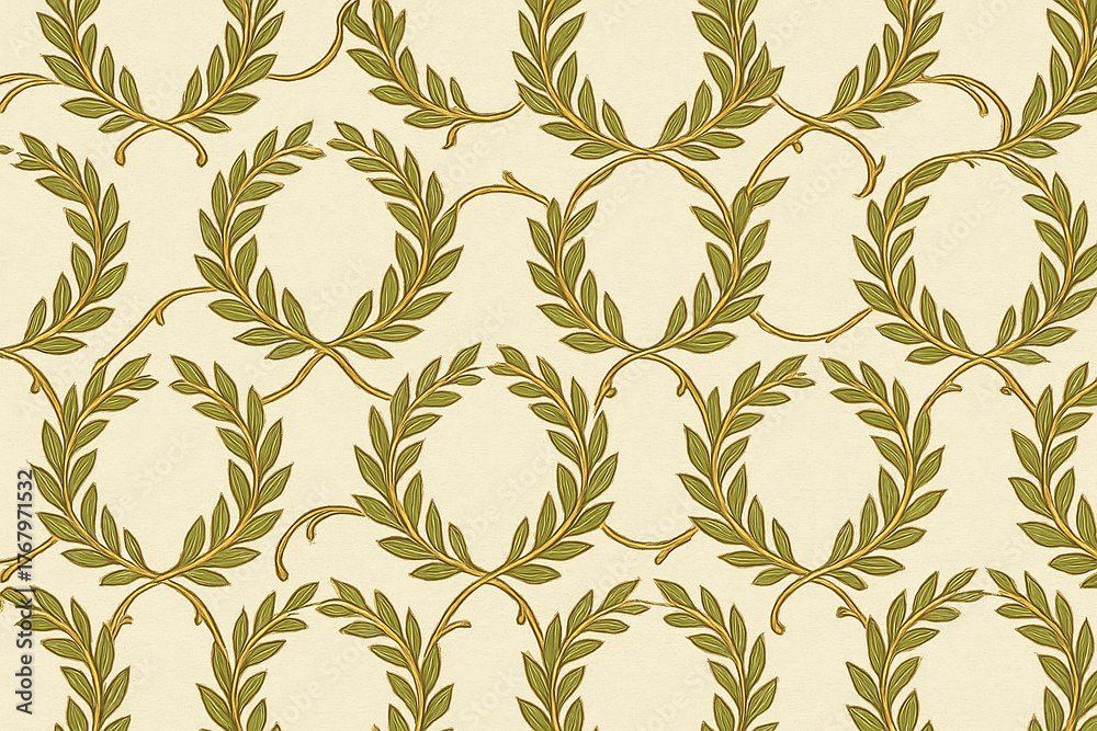European and Western Victorian Damask Laurel Wreath Seamless Pattern, Vintage Botanical Trellis Wallpaper in Olive Green on Cream for Luxury Home Decor, Textile, Packaging, and Branding