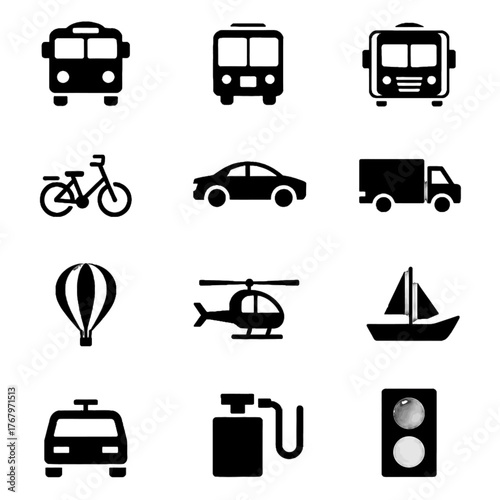 Collection of transportation and travel-related icons including vehicles, modes of transport, and fuel station symbol