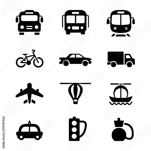 Collection of transportation and travel-related icons including buses, cars, bicycles, airplanes, boats, and traffic signals