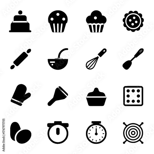 Set of black silhouette icons representing baking tools and ingredients including cakes, cupcakes, rolling pin, whisk, spatula, oven mitt, timer, and eggs.