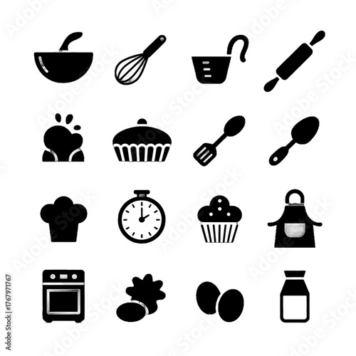 Set of black silhouette icons representing baking and cooking tools and ingredients