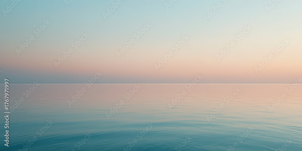 Fototapeta premium Calm ocean horizon under pastel sunrise sky with soft gradient colors, minimal seascape photography capturing tranquility, balance and peaceful nature in serene morning light 