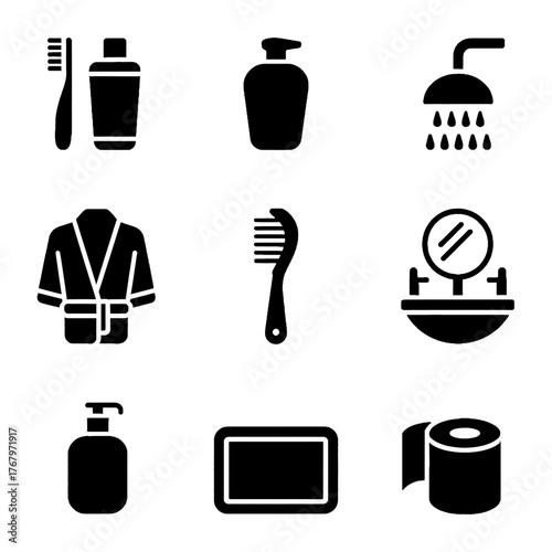 Set of black silhouette icons representing bathroom and personal care items including toothbrush, shampoo, shower, robe, comb, sink, soap dispenser, mirror, and toilet paper.