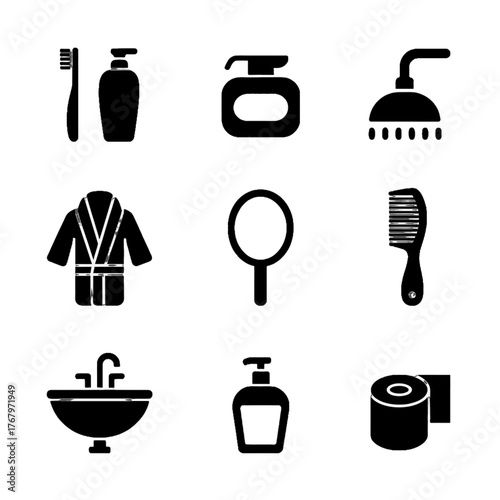 Set of black silhouette icons representing bathroom and personal hygiene items including toothbrush, soap, shower, robe, mirror, comb, sink, lotion, and toilet paper.
