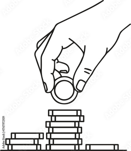 Hand placing a coin on a stack of money representing savings growth and financial investment