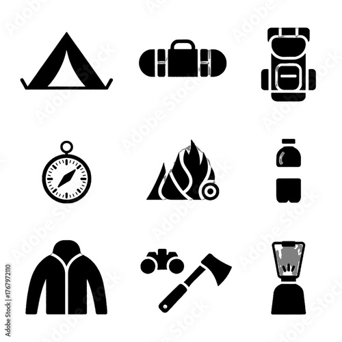 Set of black silhouette icons representing camping and outdoor equipment including tent, backpack, compass, campfire, water bottle, jacket, binoculars, axe, and lantern.