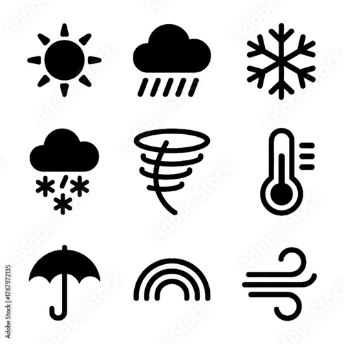 Set of weather icons including sun, cloud, rain, snow, tornado, thermometer, umbrella, rainbow, and wind