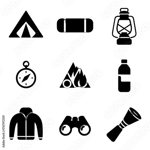 Set of black silhouette icons representing camping and outdoor adventure equipment including tent, sleeping bag, lantern, compass, mountains, water bottle, jacket, binoculars, and megaphone.