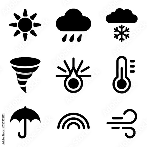 Set of weather icons including sun, cloud, rain, snow, tornado, humidity, temperature, umbrella, rainbow, and wind