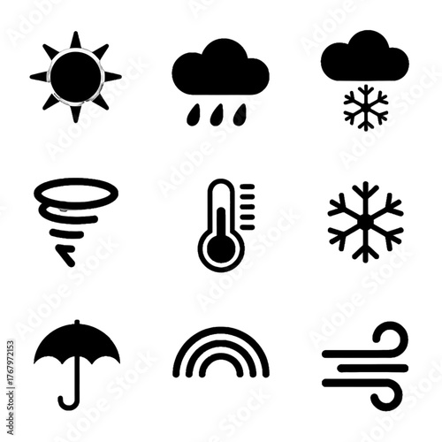 Set of weather icons including sun, cloud, rain, snow, tornado, thermometer, umbrella, rainbow, and wind symbols