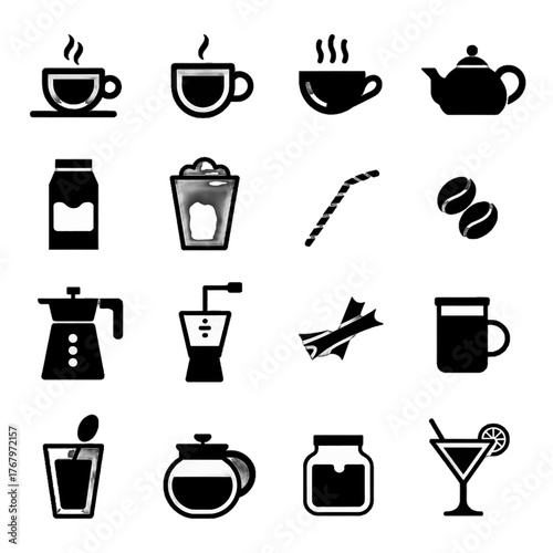 Collection of black silhouette icons representing various beverages and drink-related items including coffee, tea, cocktails, and brewing equipment.