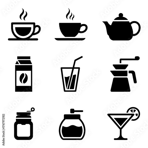 Collection of black silhouette icons representing various beverages and drink-related items including coffee, tea, cocktails, and brewing equipment.