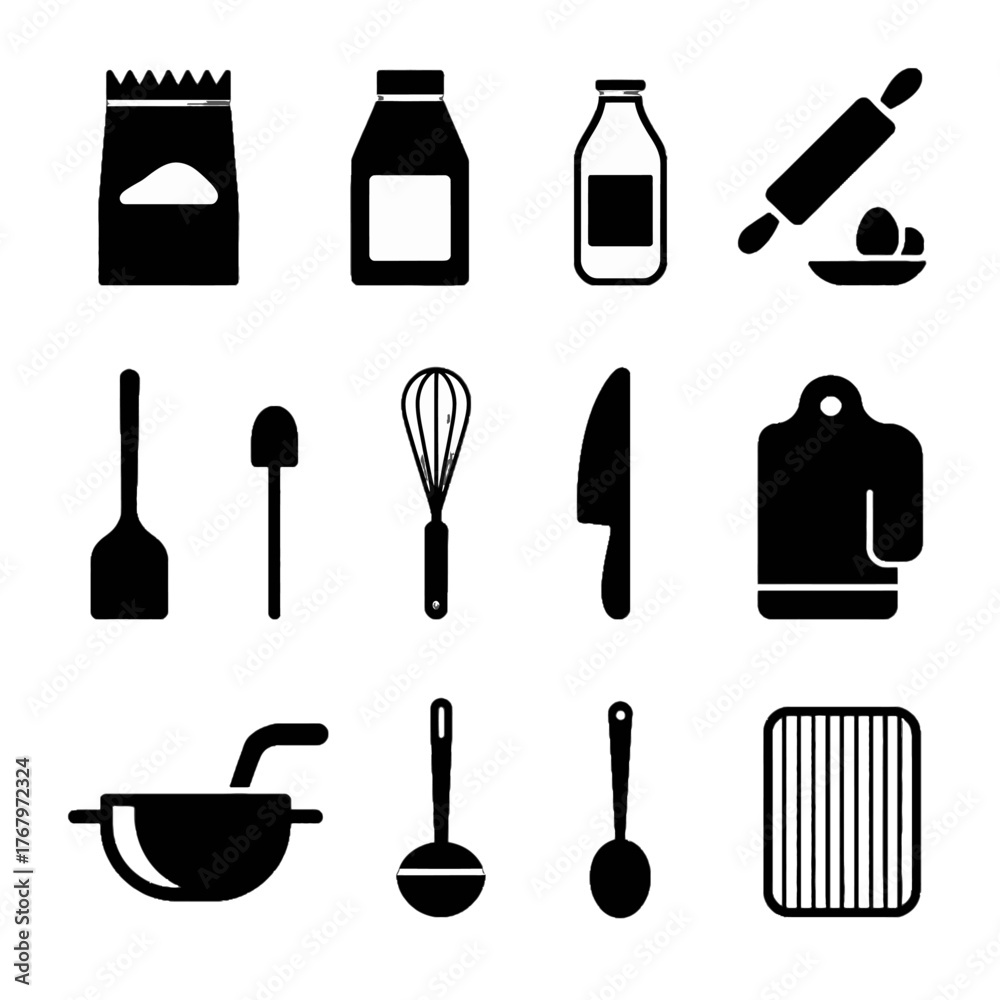 Obraz premium Set of black silhouette icons representing common kitchen utensils and ingredients