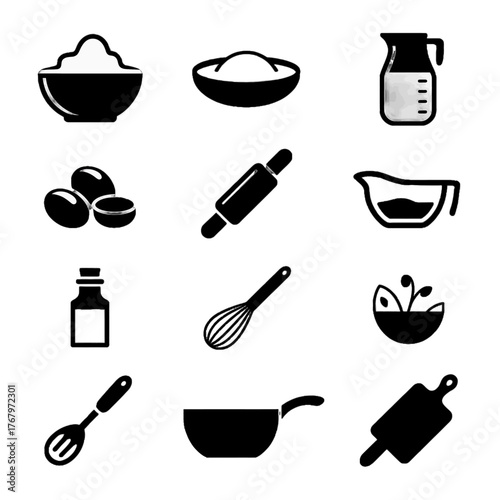 Set of black silhouette icons representing kitchen tools and cooking ingredients including bowls, eggs, rolling pin, measuring cup, whisk, saucepan, and cutting board.