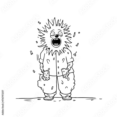 Electrocuted Cartoon Character with Shocked Expression after a Power Surge Incident in Funny Pose