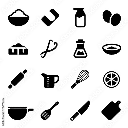 Collection of black silhouette icons representing kitchen tools and cooking ingredients
