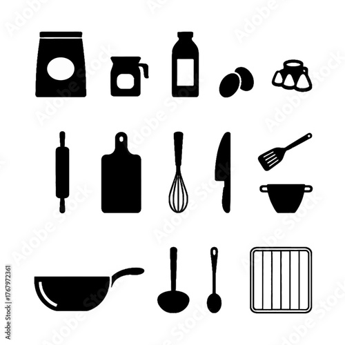 Collection of kitchen utensils and cooking tools in silhouette form