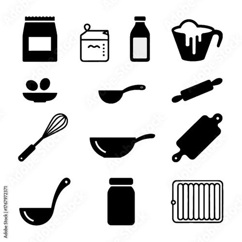 Collection of kitchen utensils and cooking ingredients depicted in black silhouette icons