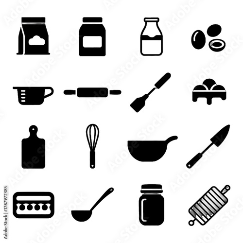 Collection of kitchen utensils and cooking ingredients icons in black silhouette style