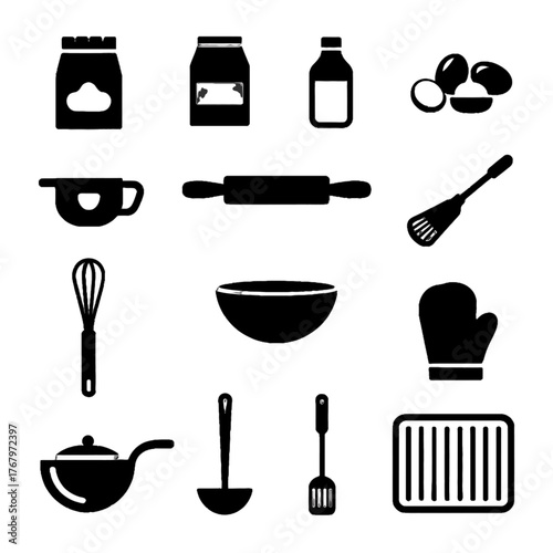 Collection of kitchen utensils and cooking tools in black silhouette icons
