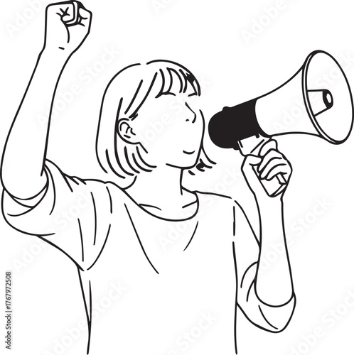 Young woman with short hair holding a megaphone and raising her fist in protest or demonstration