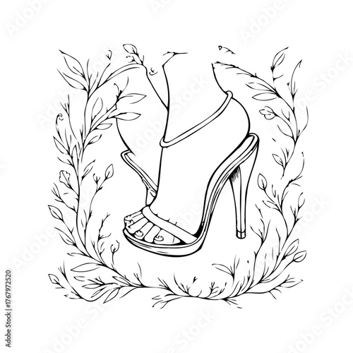 Elegant high heel shoe art gracefully adorned with botanical elements for a sophisticated