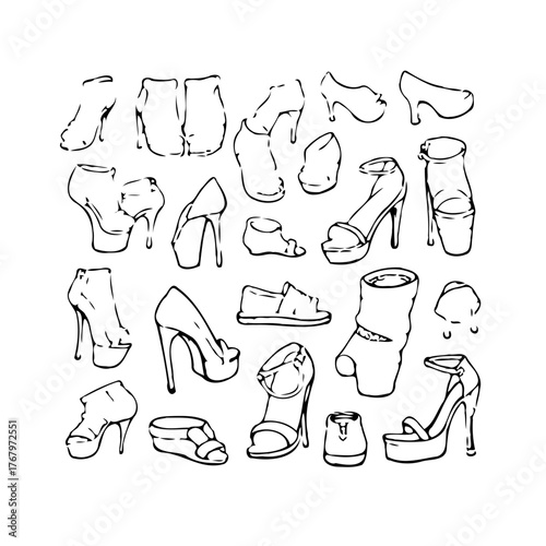 Elegant shoe collection artistic sketch showcasing diverse styles and silhouettes for fashion