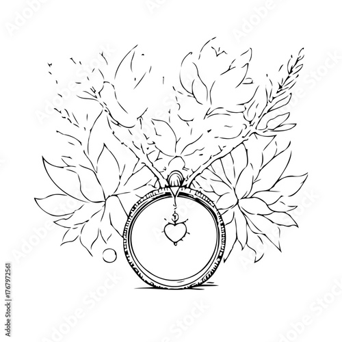Elegant sketch illustration of a vintage locket with heart pendant framed by botanical elements