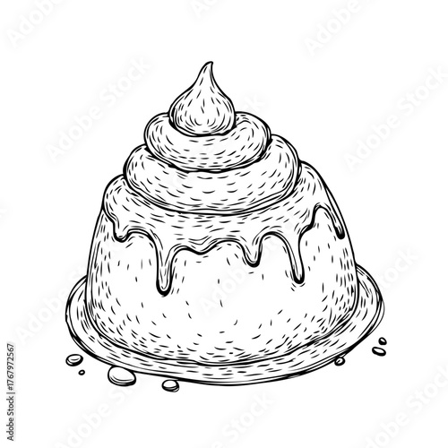 Elegant sketch of decadent dessert with swirling frosting and delectable glaze, served on a plate