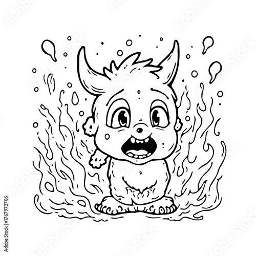 Expressive horned creature amidst stylized flames showcases a whimsically anxious and slightly